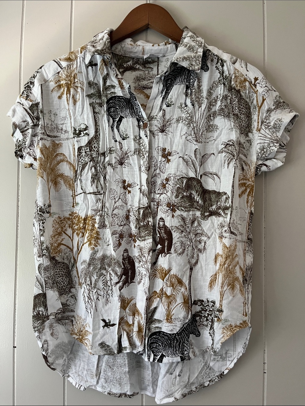 Women's Safari-Print Button Down Shirt - White with Black & Tan - Picture 1 of 14